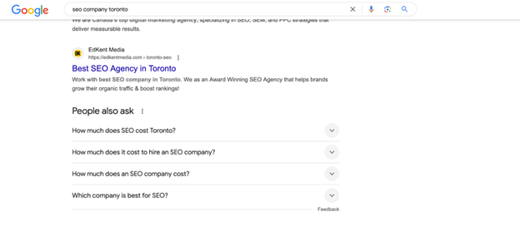 Google search for SEO company Toronto showing People Also Ask questions for how to rank in People Also Ask.