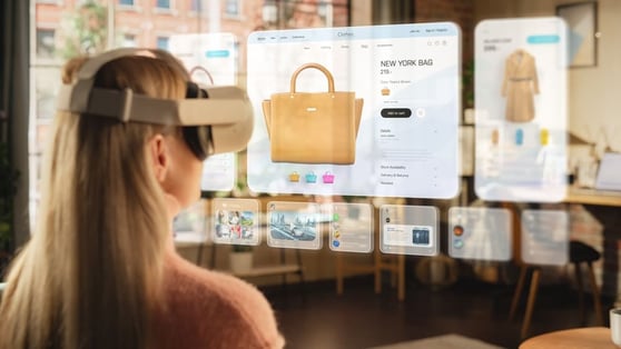 Woman Using Virtual Reality Headset to Shop Online from Home while Sitting in Stylish Cozy Living Room
