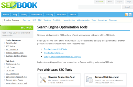 SEObook website offering free SEO tools like keyword suggestion and list generator, part of top digital marketing tools.