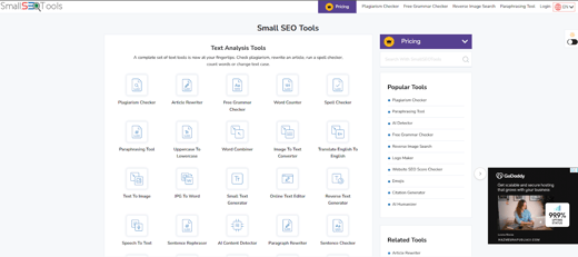 Small SEO tools site featuring text analysis and plagiarism checkers, essential for top digital marketing tools.