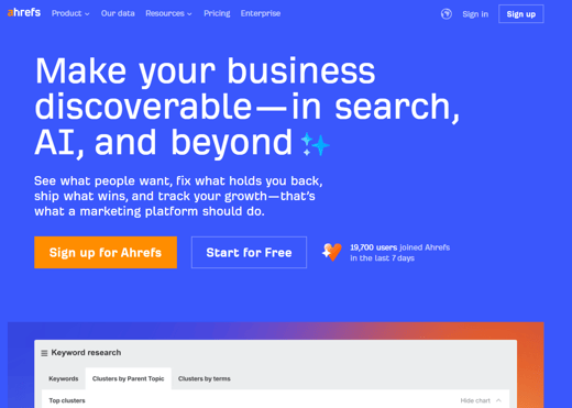 Ahrefs platform for business discoverability in search and AI, included in top digital marketing tools for SEO.