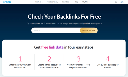 Moz's free backlink checker tool, one of the top digital marketing tools for building SEO insights and analysis.