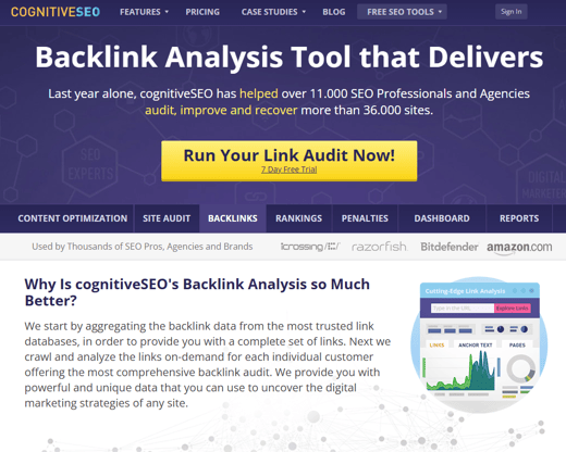 CognitiveSEO platform offering backlink analysis, site audits, and ranking tools as part of top digital marketing tools.