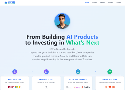 Pawan Deshpande's profile, showcasing his journey from building AI products to investing in future startups