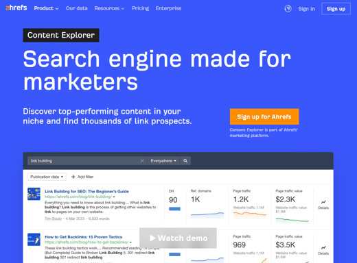Ahrefs content explorer search engine for marketers, discovering top-performing content and link prospects.