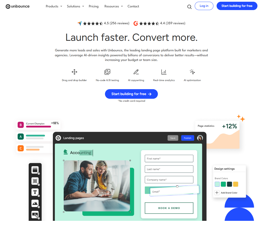 Unbounce's landing page builder for faster conversions, offering AI-driven insights to enhance digital marketing.