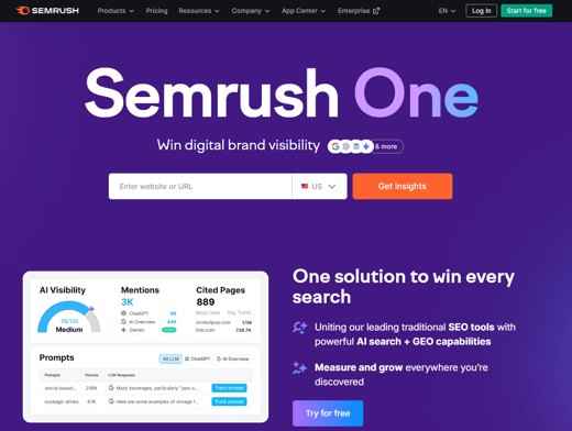 Semrush One tool for digital brand visibility, integrating SEO and AI search to improve digital marketing efforts.