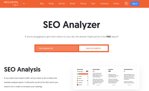 Neil Patel’s SEO Analyzer tool, helping users analyze and improve website traffic and SEO performance.
