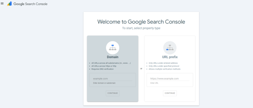 Google Search Console welcome page, helping users choose between Domain and URL prefix verification for SEO.