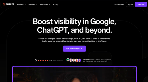 Surfer SEO platform helping marketers improve visibility in Google, ChatGPT, and other search engines.