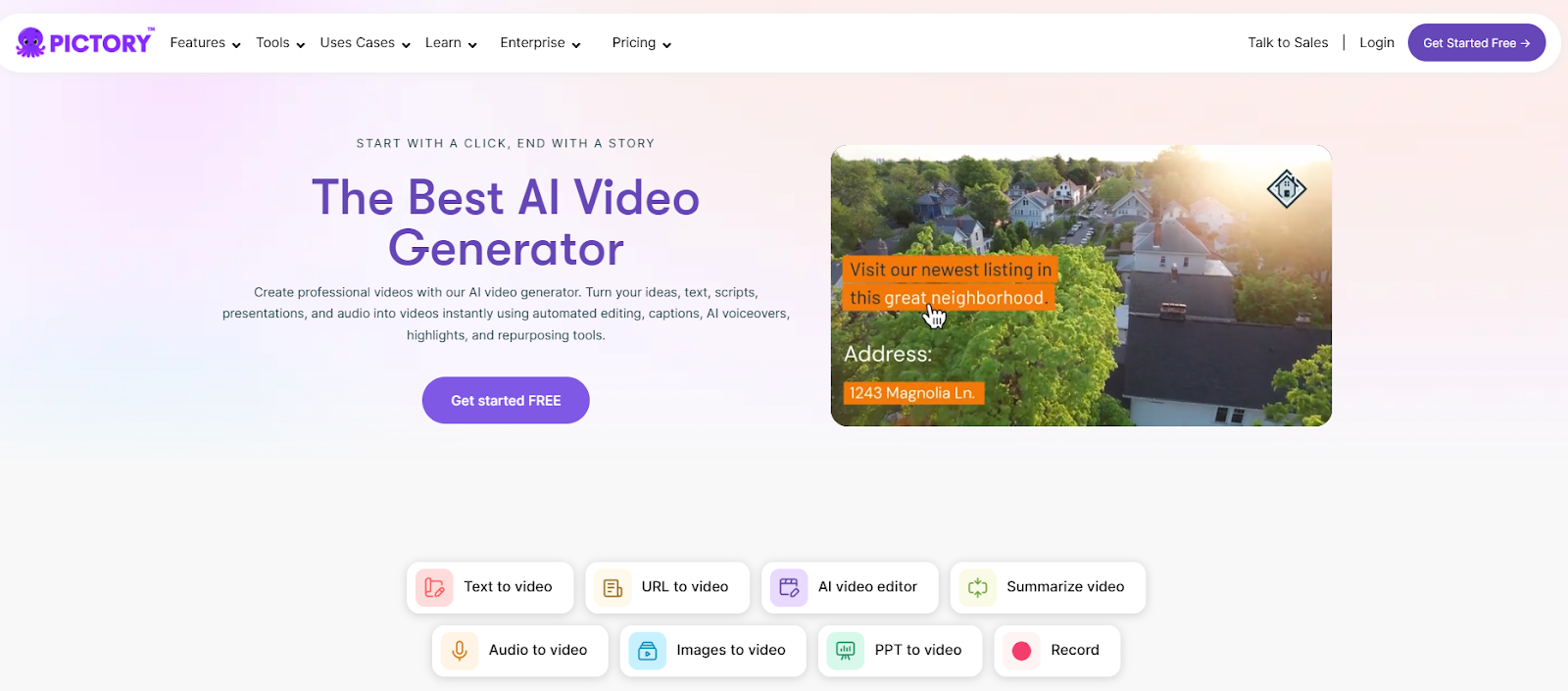  Pictory AI video generator allowing users to create professional videos from text, images, and URLs.