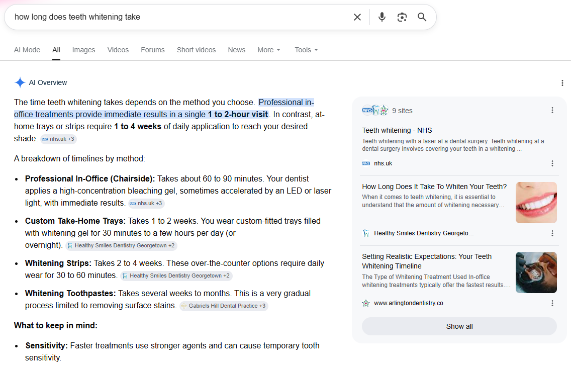 Google AI Overview result for teeth whitening, showing how the Google click crisis reduces clicks.