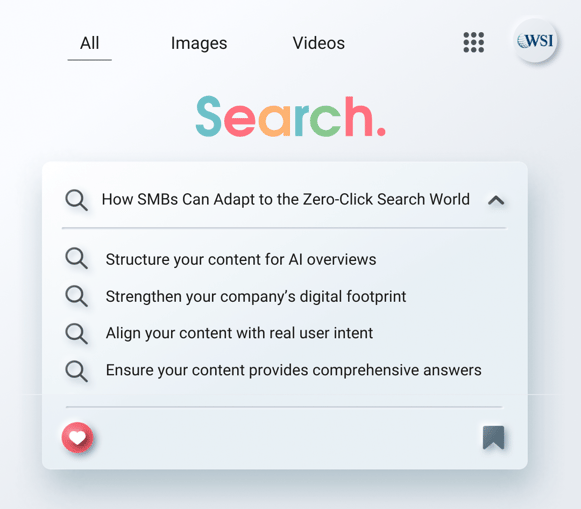 Search graphic with SMB adaptation tips for the Google click crisis and zero-click search results.