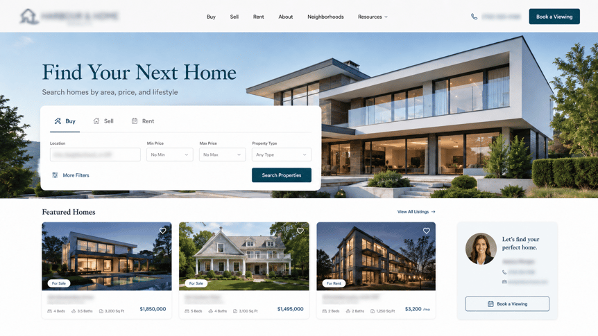 Real estate landing page with property search, featured homes, and viewing form.