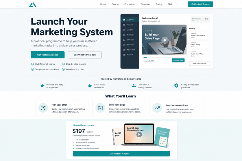 Click-through landing page promoting a marketing system with an access button and a lesson preview.