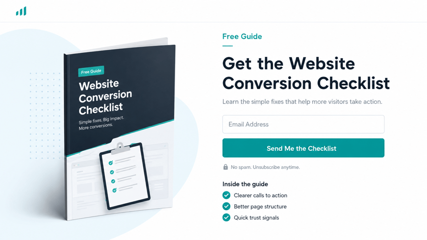 Squeeze landing page offering a website conversion checklist email signup.