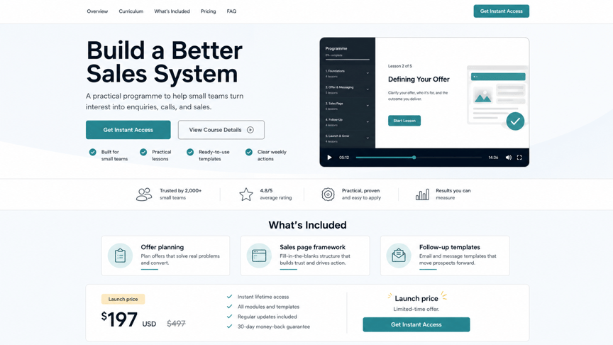 Sales landing page with curriculum preview, pricing, and access button.