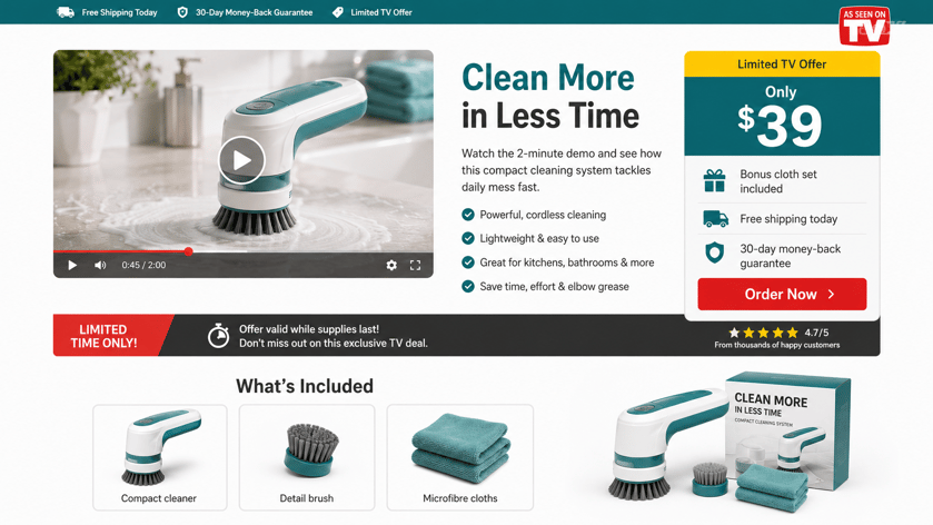 Informercial landing page for a compact cleaner with video, offer price, and order button.