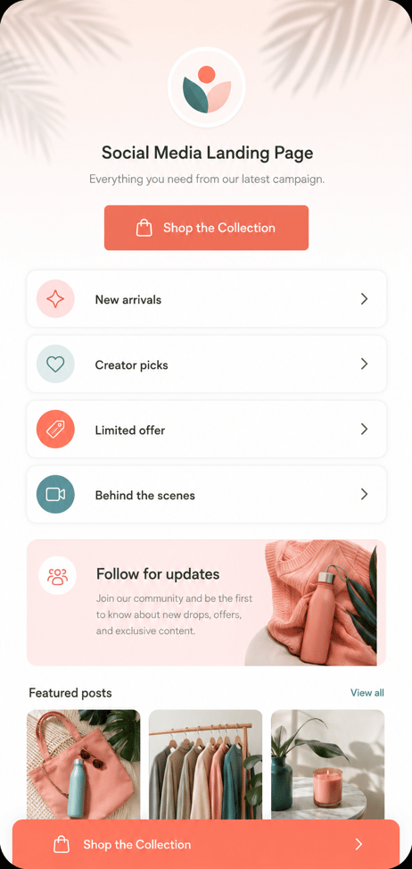 Social media landing page with shop button, campaign links, and follow update card.