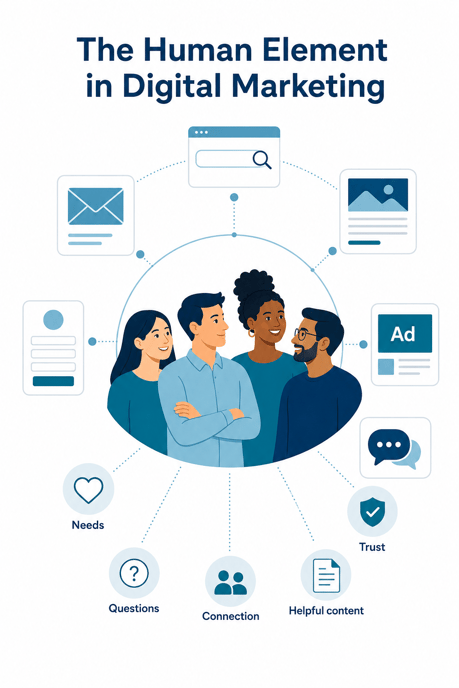 Illustration showing the human element in marketing through people, trust, questions, and digital touchpoints.