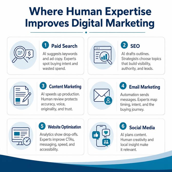 Infographic showing where the human element in marketing improves paid search, SEO, content, and social media.