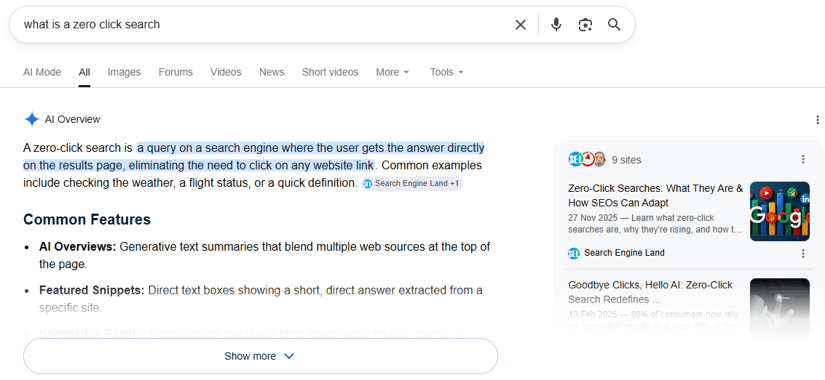 Google results showing an AI Overview for the query “what is a zero click search.”