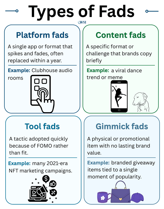 Infographic comparing platform, content, tool, and promotional gimmick fads with examples.