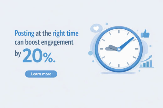 Clock illustration showing how posting at the right time can boost engagement by 20%, a key social media engagement strategy.