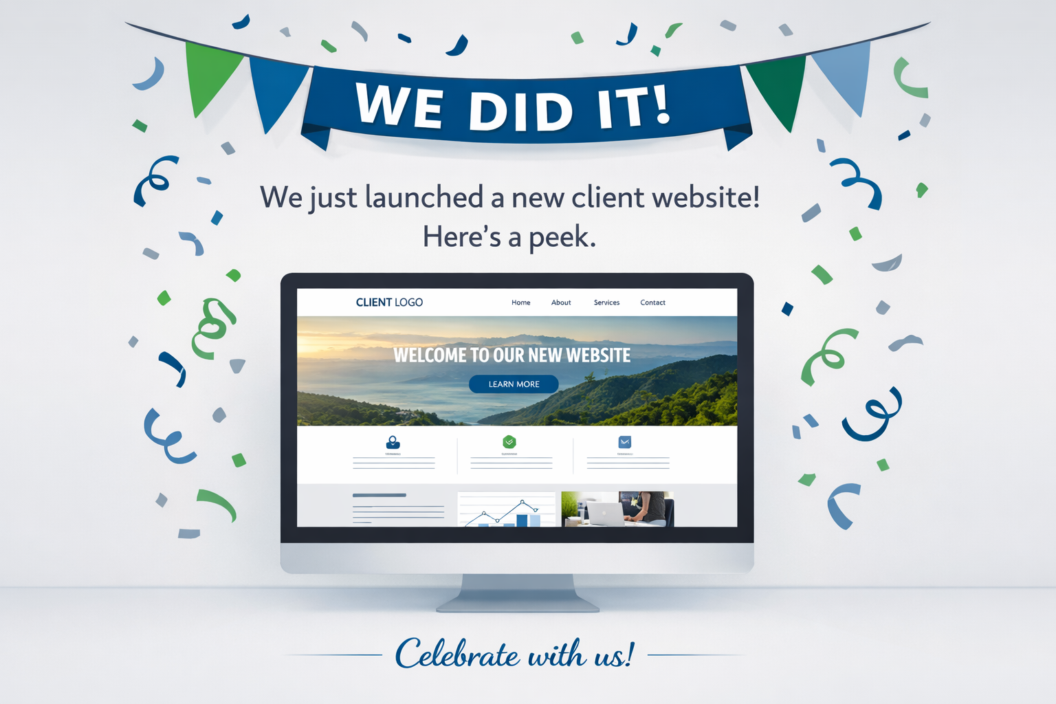 Celebrating the launch of a new client website with a confetti background, showcasing social media engagement strategies.