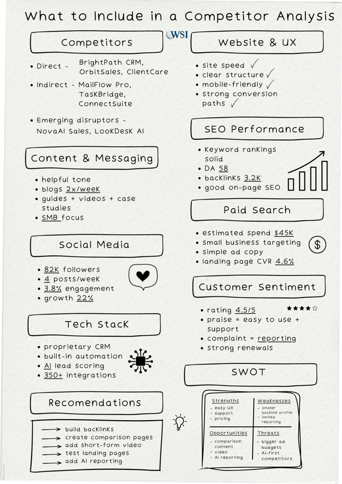 Competitor analysis checklist covering rivals, website UX, SEO, content, paid search, social media, SWOT, and actions.