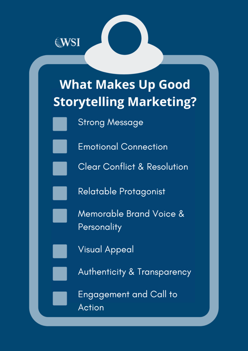 Checklist of eight elements of good storytelling marketing, from a strong message to a clear call to action.
