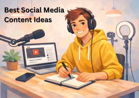Social media content ideas for engaging posts and video creation in a modern workspace.
