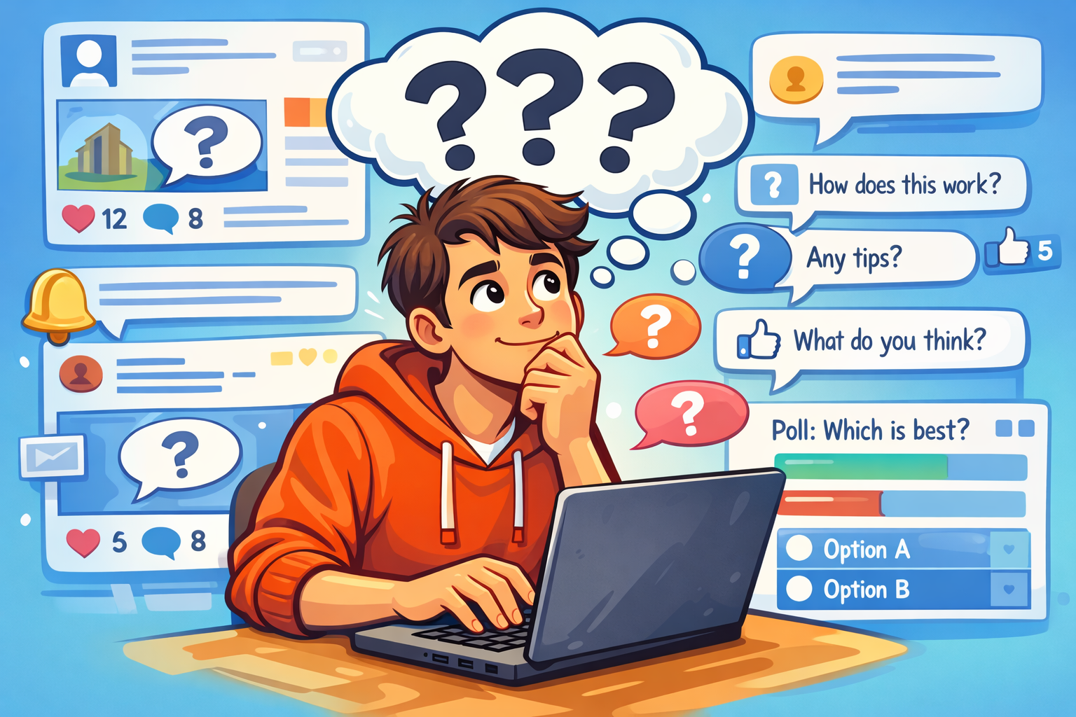  Social media content ideas shown through user engagement and polls to spark interaction.