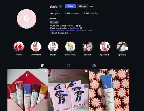 Content marketing examples via Glossier's Instagram profile, focusing on beauty product promotions.