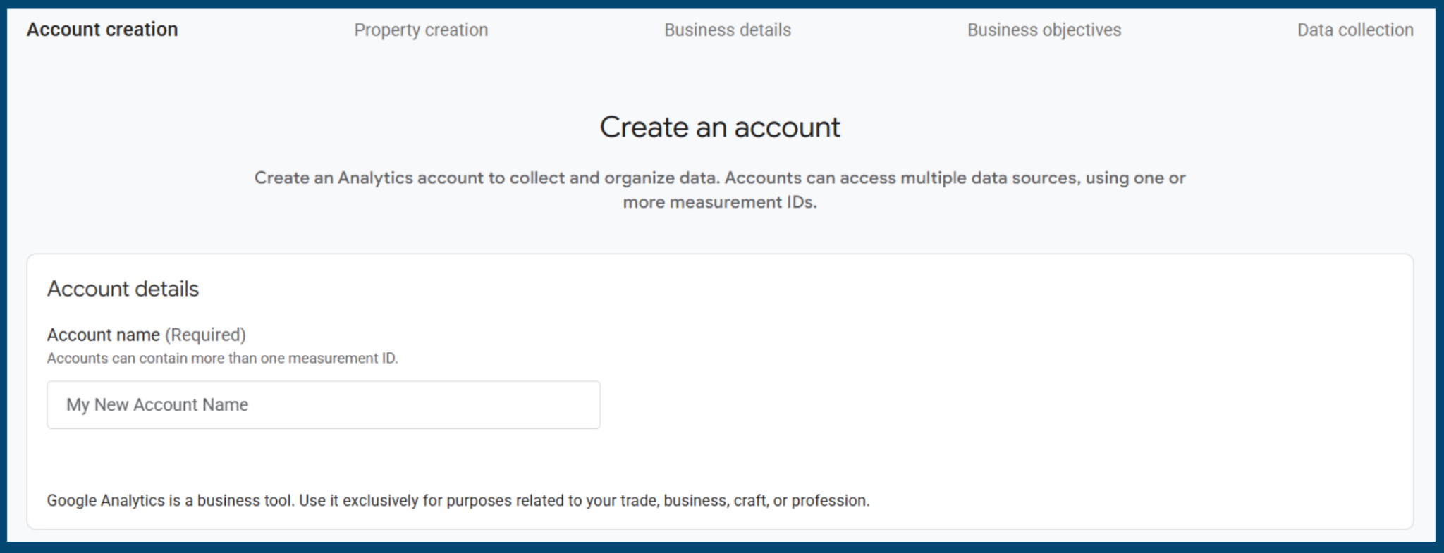 GA4 account creation screen showing where to enter a new Google Analytics account name.