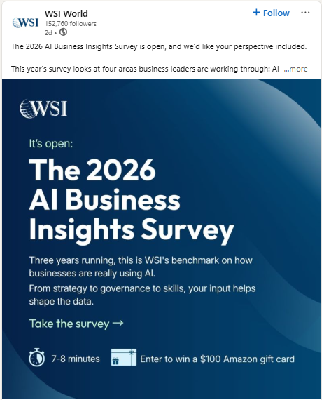 WSI World LinkedIn post promoting the 2026 AI Business Insights Survey with a branded blue survey graphic.