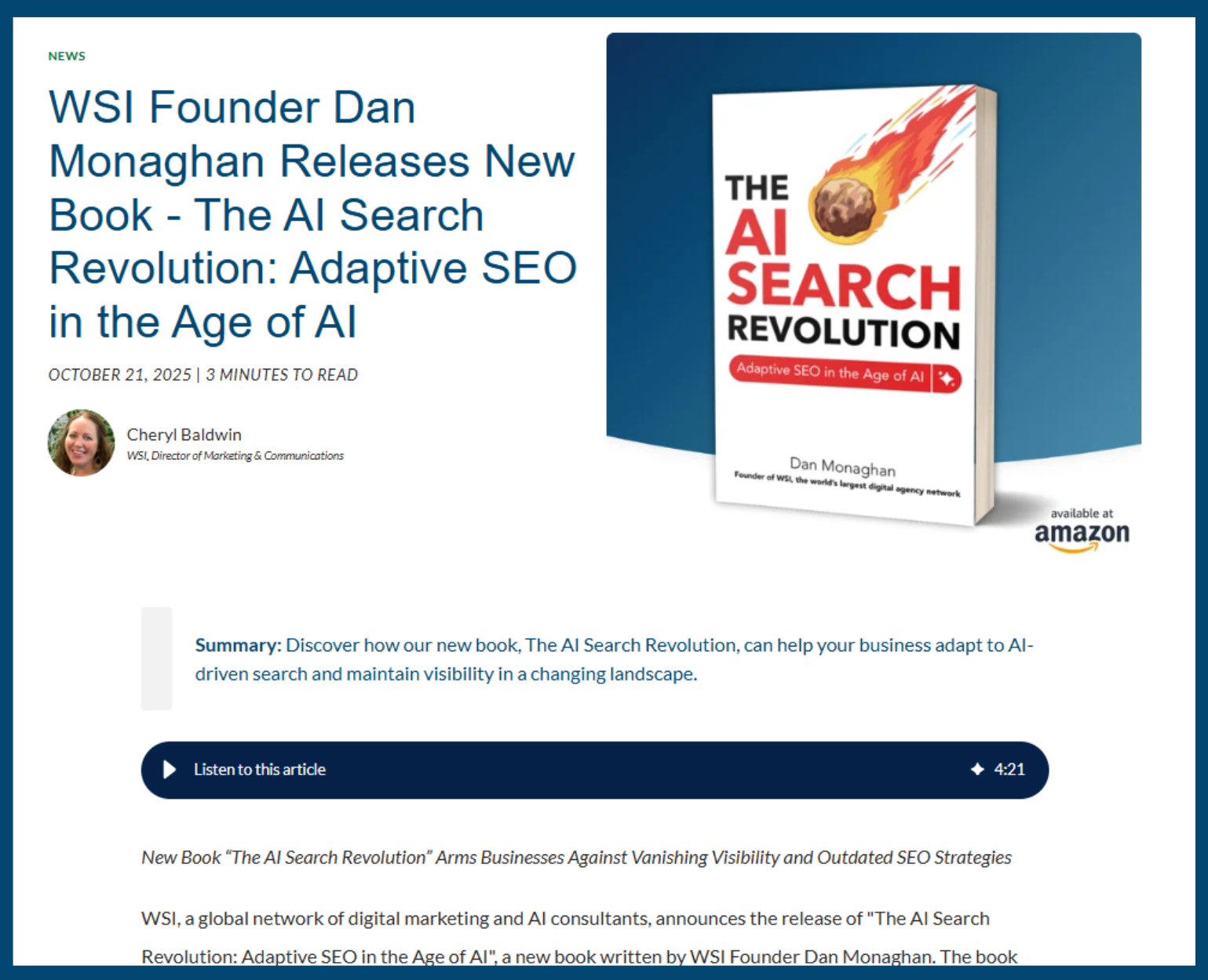 WSI blog article announcing The AI Search Revolution, with book cover and summary about adaptive SEO and AI search.