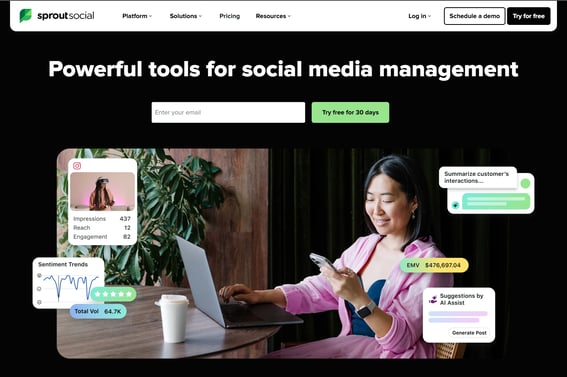 Sprout Social dashboard-style hero showing social media management and analytics insights.