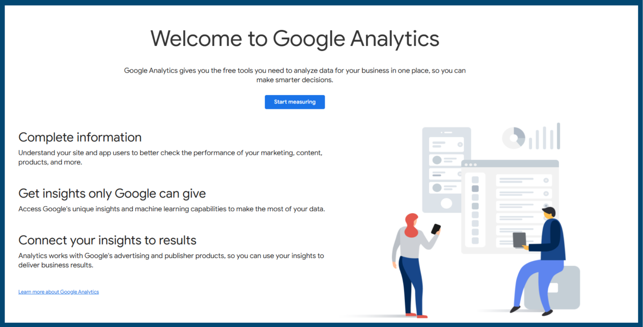 Google Analytics welcome screen outlining setup, insights, and connections for measuring small business website performance.