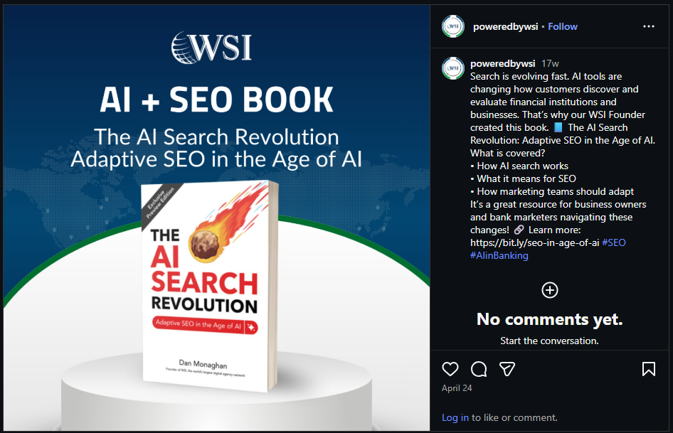 Instagram post promoting WSI’s AI and SEO book, The AI Search Revolution: Adaptive SEO in the Age of AI