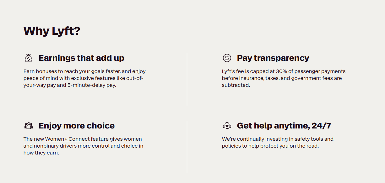 Lyft driver benefits section highlighting earnings, pay transparency, driver choice, and 24/7 support.