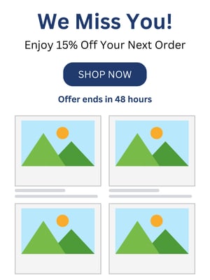 Win-back email offering 15% off to re-engage inactive customers, demonstrating a retention marketing reactivation strategy.