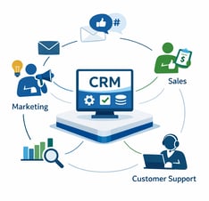 Omnichannel marketing workflow connecting CRM with marketing, sales, and customer support.