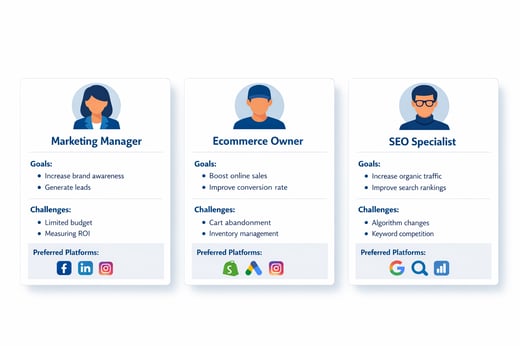 Persona profiles with goals and platforms, showcasing social media engagement strategies in marketing.