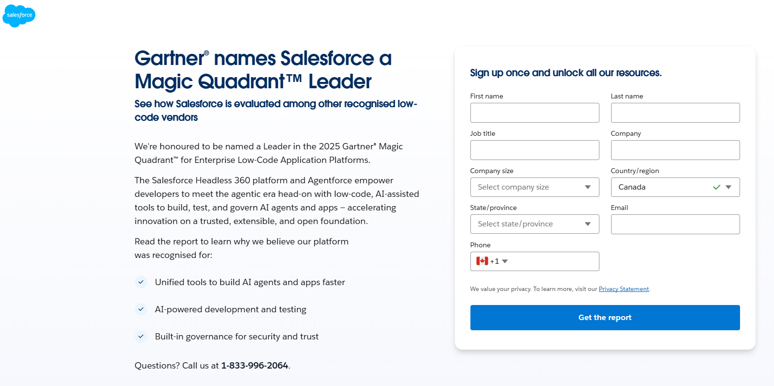 Salesforce gated content landing page using a lead form to exchange contact information for a free report.