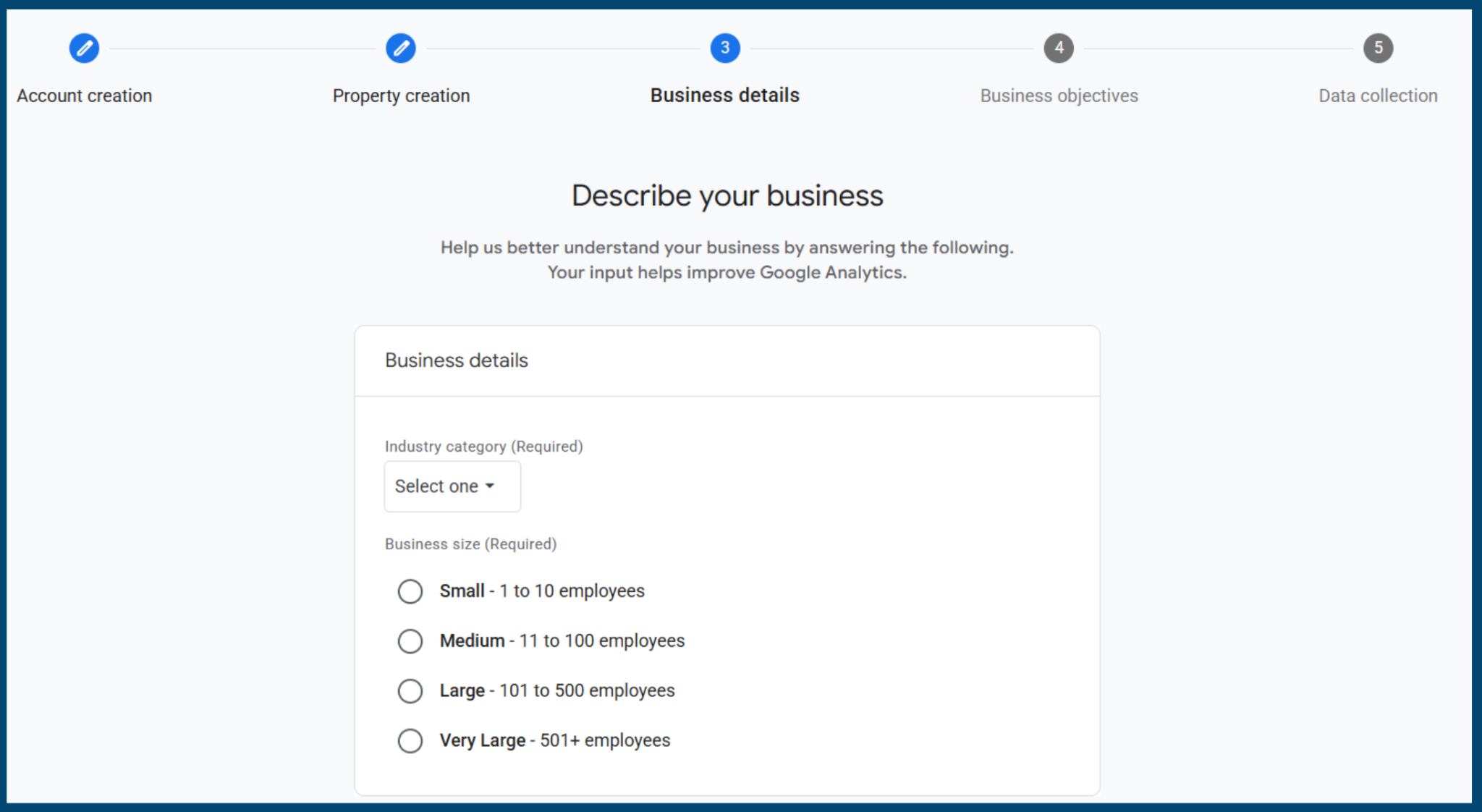 GA4 business details screen showing industry category and business size options during setup.