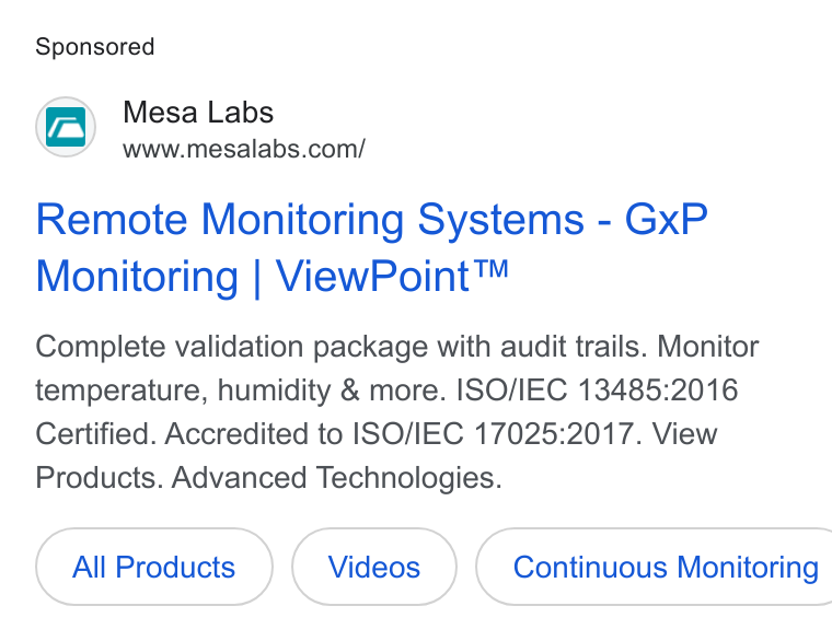 Mesa Labs Google Search ad promoting remote monitoring systems as part of a paid lead generation campaign.