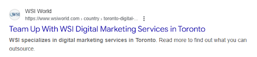 Guide to local SEO example of optimized title and meta description for a Toronto service page.