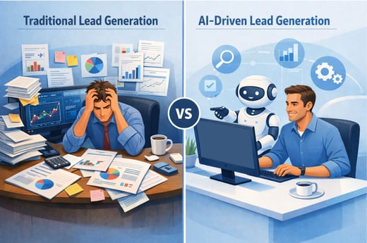 Traditional lead generation vs AI-powered lead generation with a robot assisting