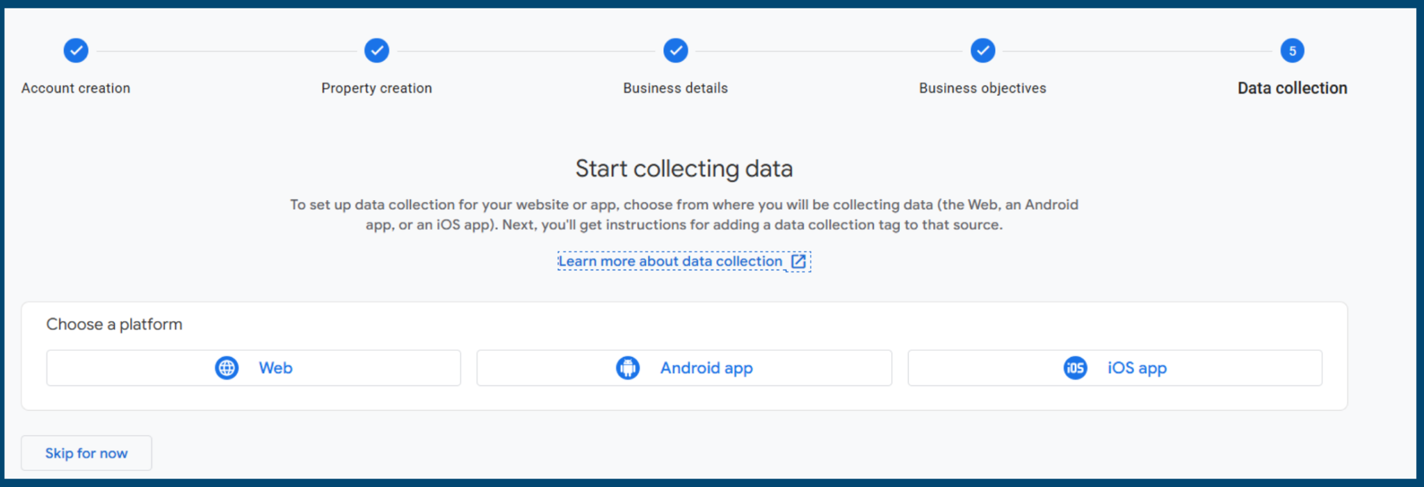 GA4 data collection screen showing options to connect a website, Android app, or iOS app.